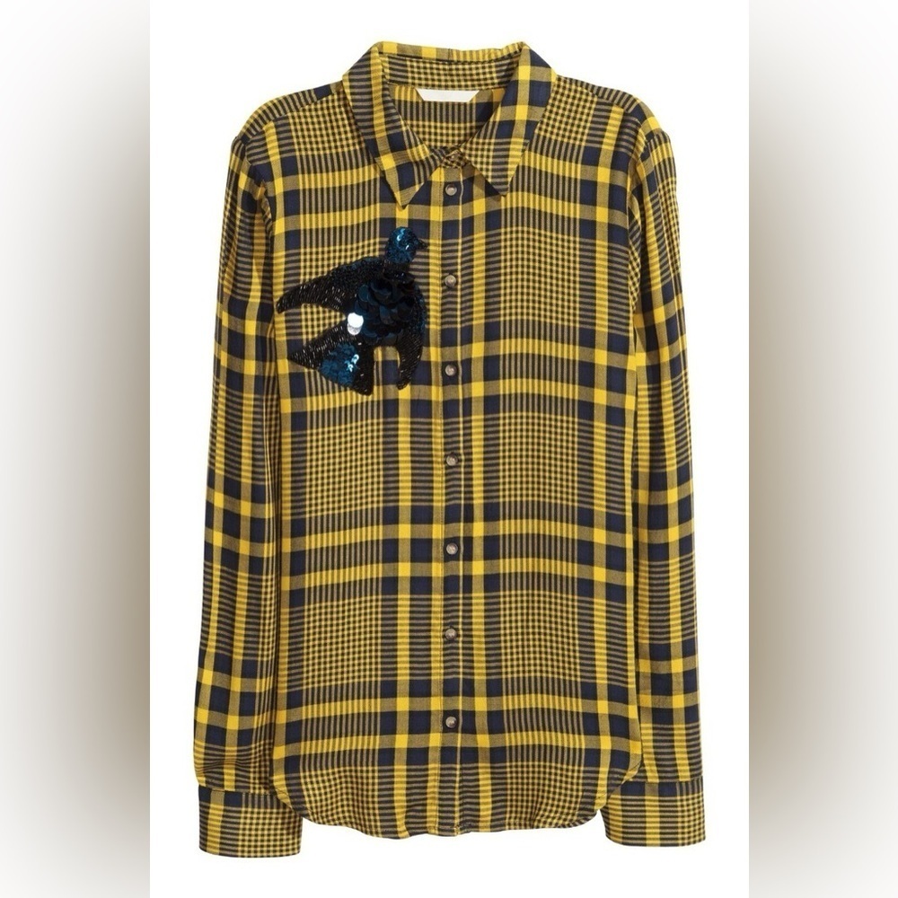H&M Yellow Navy Plaid Button Down Shirt with Sequin Bird Size 4 100% Viscose